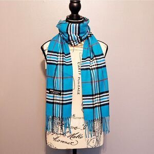 NEW, Cashmere scarf in brighter blue, red, black, and white plaid. UNISEX